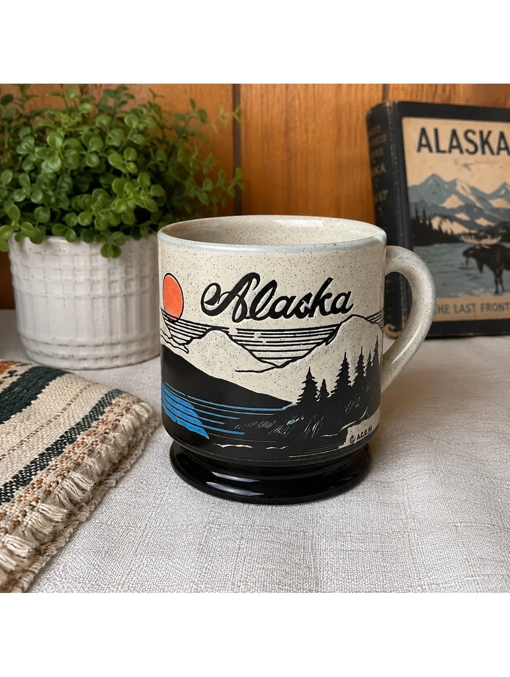 Vintage Alaska Souvenir Mug Mountain Lake Scenic Ceramic Coffee Cup 3.75 Inch